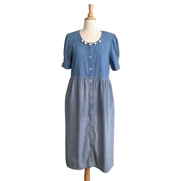 Vintage 90s TRULY YOURS Denim Pearl Button Up MIDI Dress Pockets White Rosettes - Picture 1 of 15